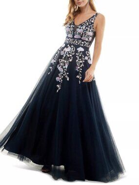 Say Yes to the Prom Juniors' Embellished Floral Ballgown Navy Pink 5